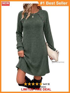 Ribbed Knit Long Sleeve Casual Dress with Pockets